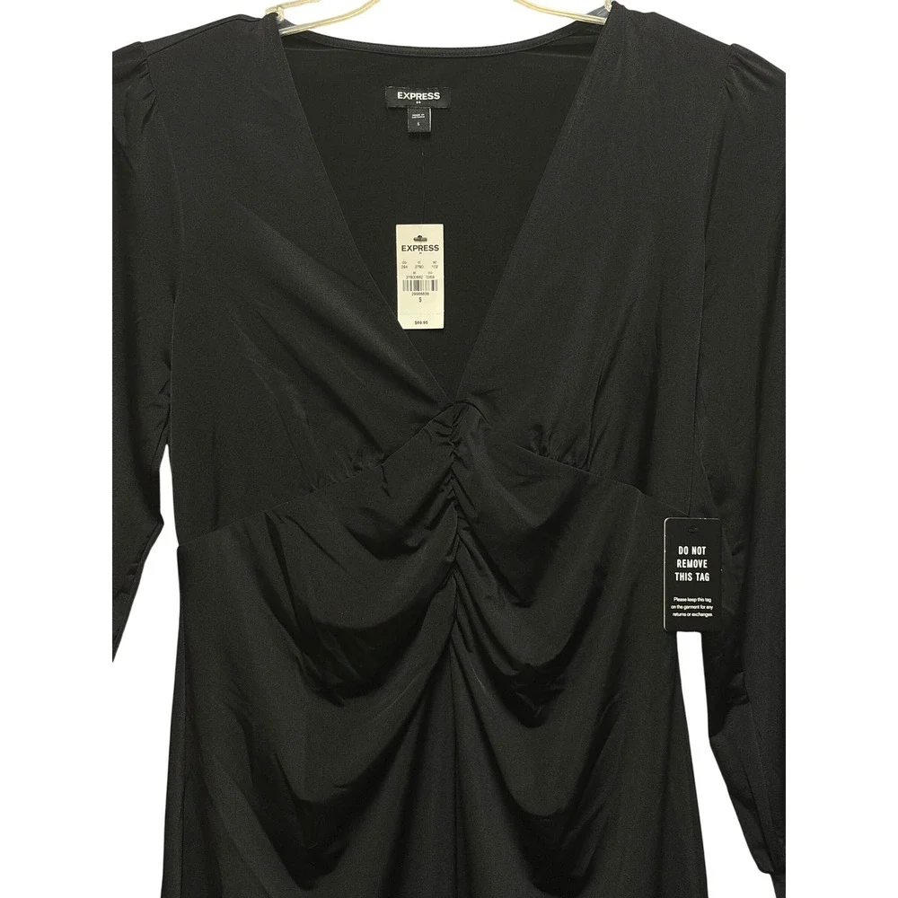 Express Black Ruched V-Neck Long Sleeve Mini Dress 27800862 Small NWT